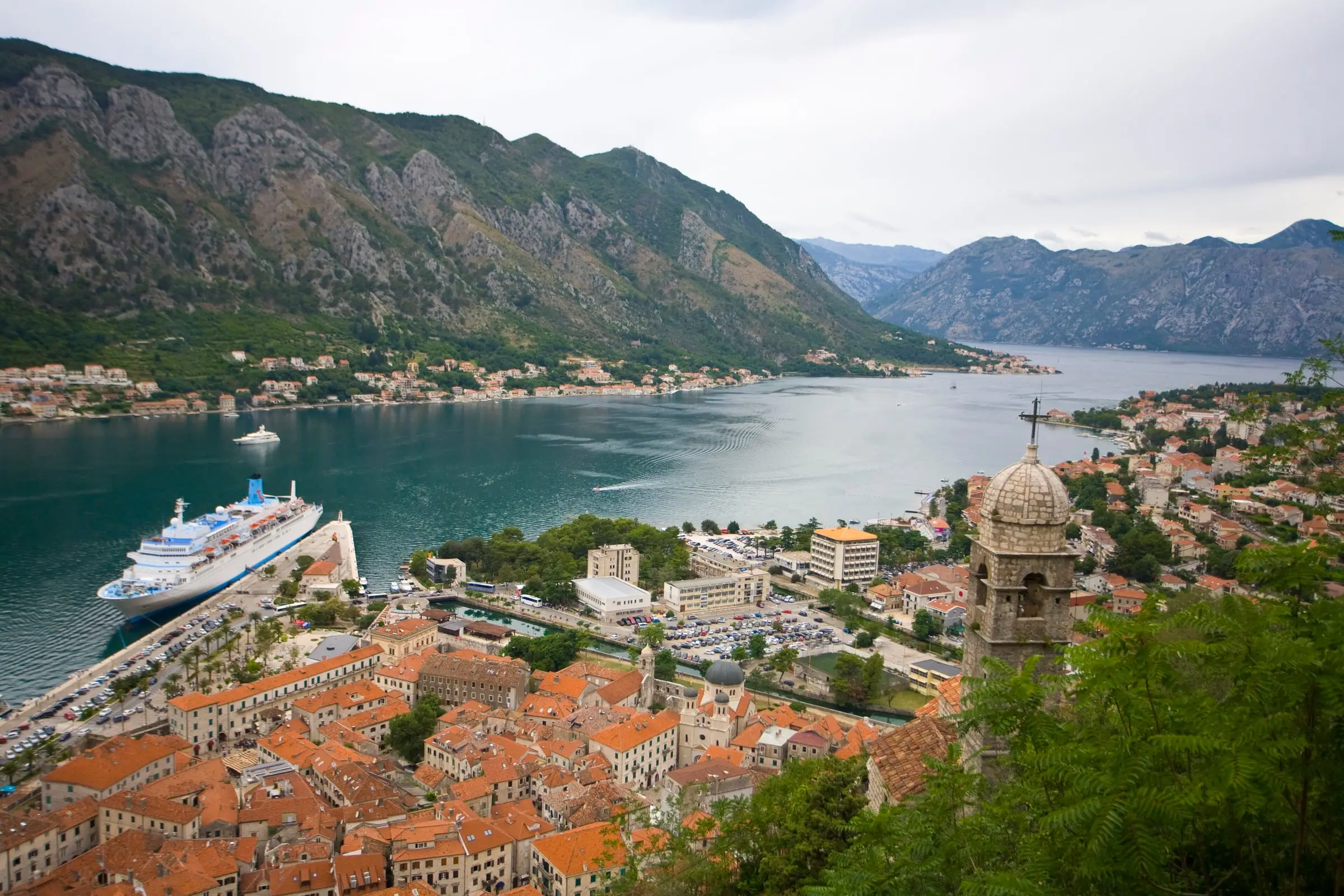 Kotor old town rooftops and the bay from the fortress walls